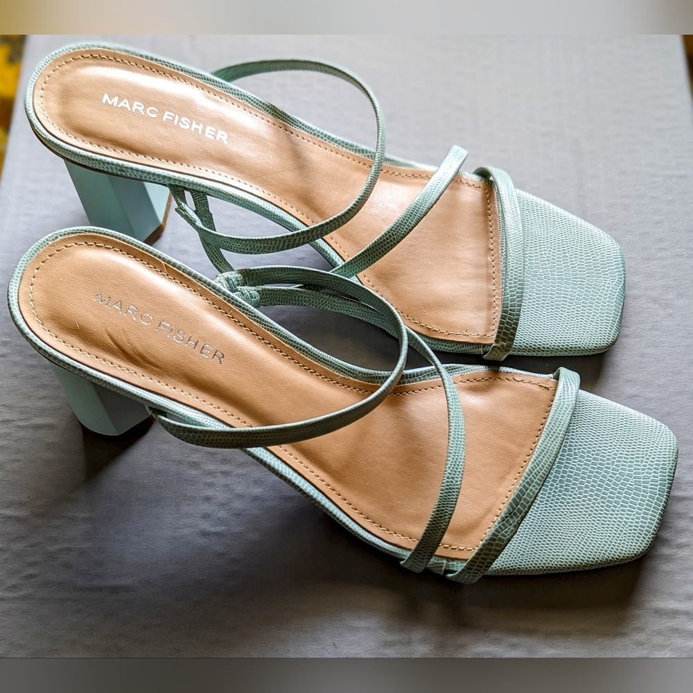 Marc Fisher Aliana Light Green Lizard-Embossed Strappy High Heel Sandals